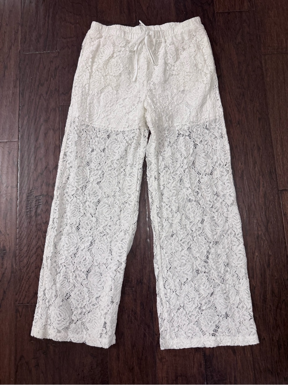 White Lace Straight-Leg Pants with Drawstring Waist